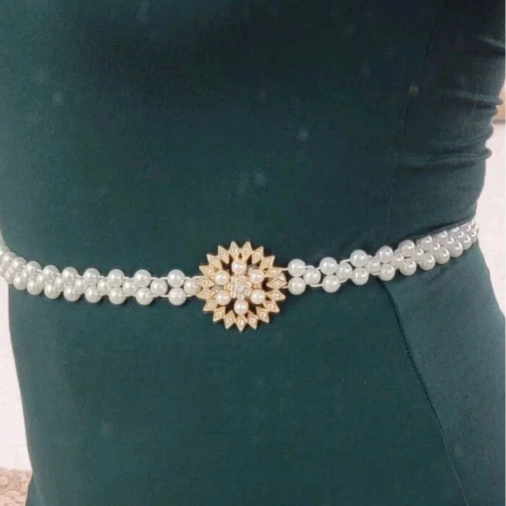 Pearl Stretch Waist Gold Rhinestone Buckle Belt Elastic Coquette Bridal Wedding
